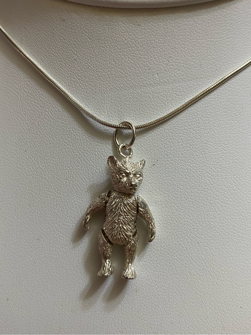 Vintage Sterling 925 Articulated Teddy Bear Pendant & 925 Necklace
